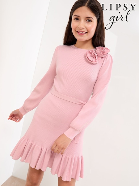 Lipsy Pink Corsage Glitter Knit Dress (5-12yrs) (W25243) | €50 - €55
