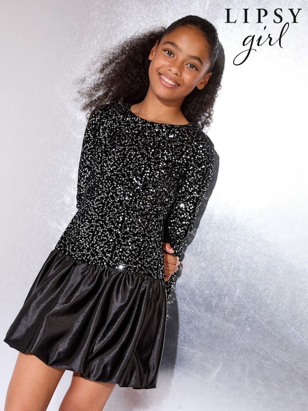 Lipsy Black Drop Waist Bubble Hem Sequin Party Dress (5-16yrs) (W25247) | €59 - €69