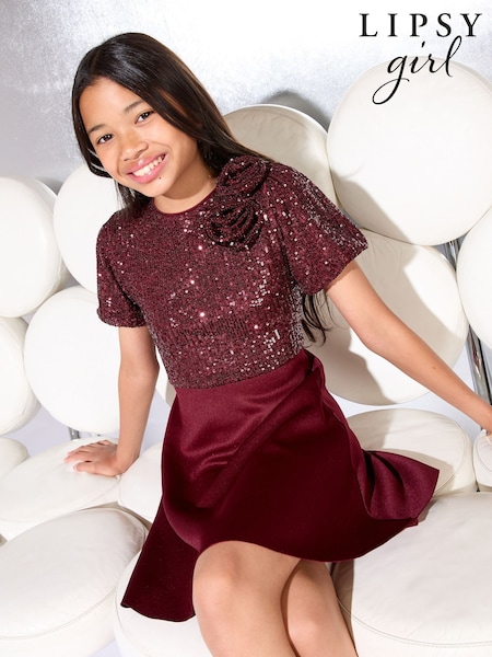 Lipsy Berry Red Sequin 2-In-1 Scuba Occasion Dress (5-16yrs) (W25252) | €59 - €69