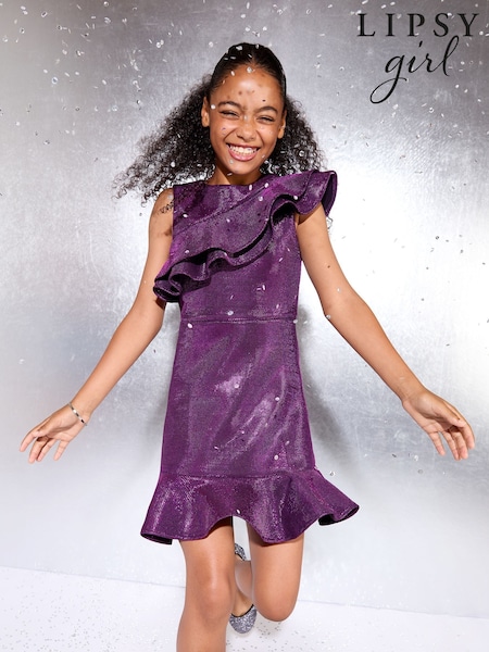 Lipsy Purple Frill Detail Glitter Party Dress (5-16yrs) (W25256) | €56 - €66