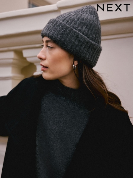 Charcoal Grey Knitted Ribbed Beanie Hat Containing RAS Alpaca (W25271) | €26.50