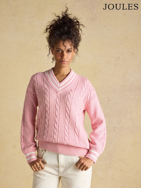 Joules Pink Cotton Cable Knit Cricket Jumper (W25282) | $162