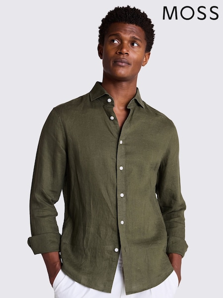 MOSS Dark Green Tailored Fit 100% Linen Shirt (W25356) | R$ 690