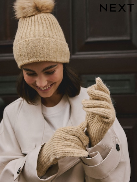 Tan Syrup Brown Rib Knit Gloves (W25400) | €16
