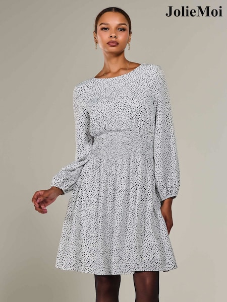 Jolie Moi White Long Sleeve Ruched Waist Midi Dress (W25514) | ₪302