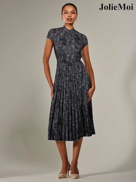 Jolie Moi Black Chrome Jersey Capped Sleeve Pleated Midi Dress (W25518) | 322 QAR