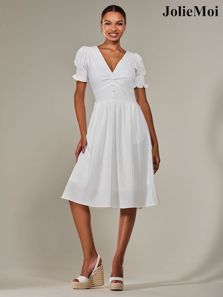 Jolie Moi White Puff Sleeve Midi Dress (W25521) | ₪302
