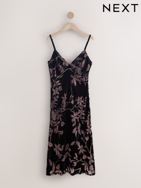 Black Floral Print Floral Velvet Slip Dress (W25627) | €67