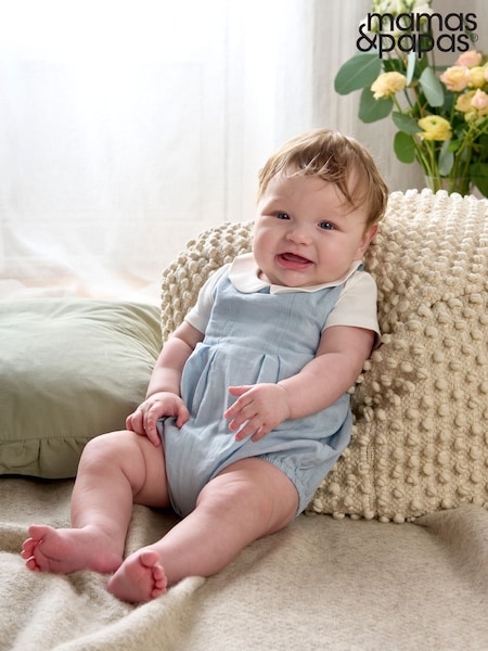 Mamas & Papas Blue Pleat 100% Cotton Romper & Bodysuit with Collar Set (W25632) | AZN 88