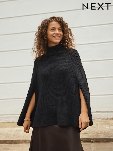 أسود - Roll Neck Ribbed Knitted Poncho (W25702) | ‏189 د.إ.‏