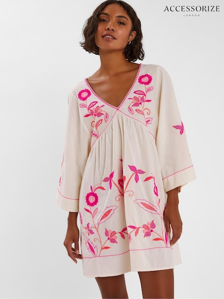 Accessorize Cream Floral Print Embroidered Mini Beach Dress (W25725) | €80