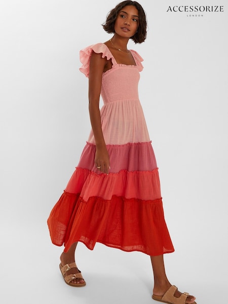 Accessorize Pink Colourblock Tiered 100% Cotton Maxi Dress (W25726) | €80