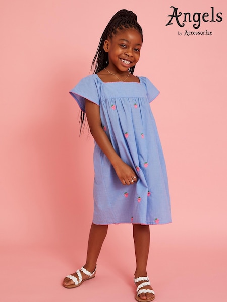 Angels By Accessorize Strawberry Chambray Smock 100% Cotton Dress (W25752) | ‏101‏₪ - ‏106‏ ₪