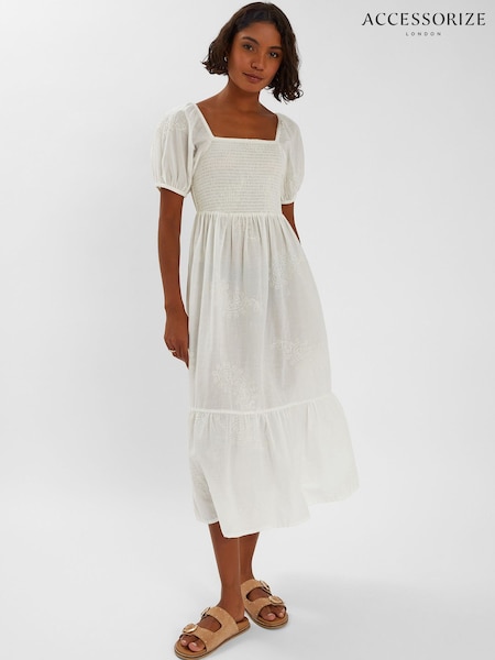 Accessorize White Embroidered Puff Sleeve 100% Cotton Midi Dress (W25754) | 3,605 UAH