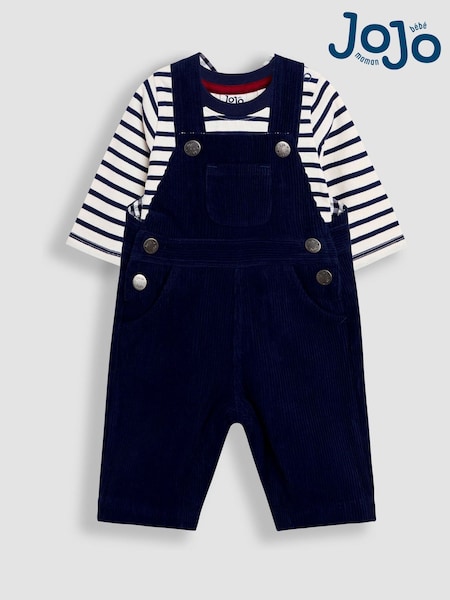 JoJo Maman Bébé Navy Blue 2-Piece Classic Cord Dungarees & Stripe Top Set (W25766) | R$ 295 - R$ 335