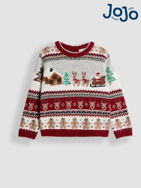 JoJo Maman Bébé Burgundy Red Santa & Snow Christmas Fair Isle Jumper (W25790) | AED192 - AED227