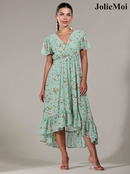 Jolie Moi Green Floral Petite Petite Long Sleeve Soft Silky Jersey Midi Dress (W25843) | 356 QAR