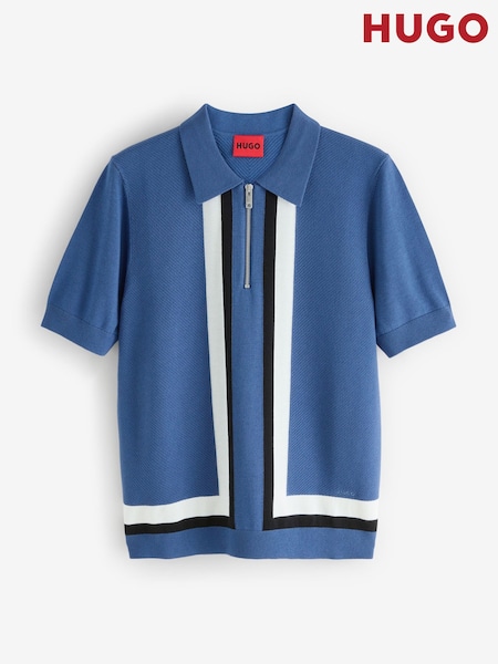 HUGO Blue Zip Up Knitted Polo Shirt (W25944) | €178