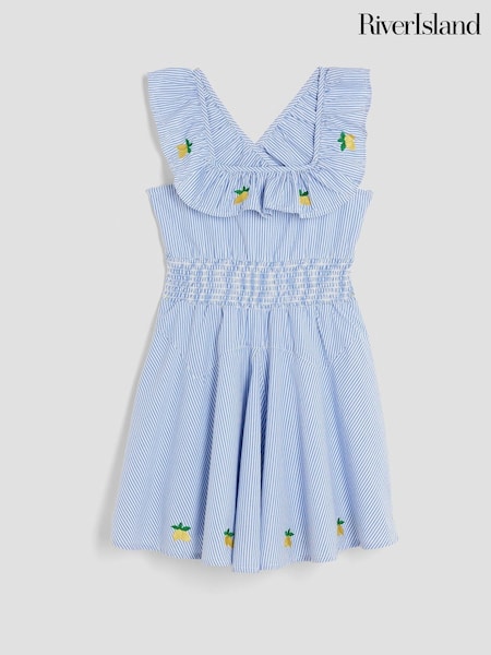 River Island Blue Girls Stripe Embroidery Lemon 100% Cotton Dress (W25997) | AED151