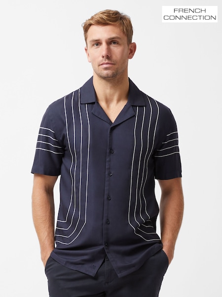 French Connection Blue Stripe Stitch Short Sleeve Open Collar Button Up Shirt (W26034) | €84