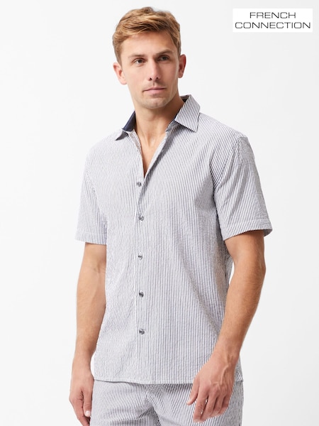 French Connection Blue 100% Cotton Striped Crinkle-Style Short Sleeve Button Up Shirt (W26045) | €68