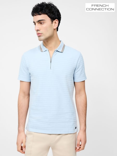 French Connection Blue 100% Cotton Tipping Collar Short Sleeve 1/4 Zip Polo Shirt (W26052) | €68