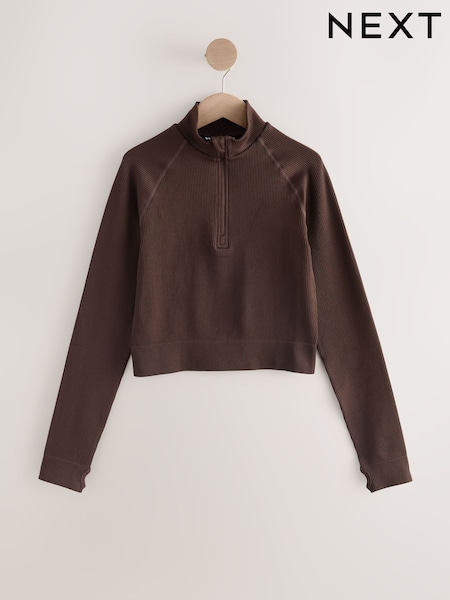 Chocolate Brown Ribbed Zip-Up Long Sleeve Top (W26296) | €33.50