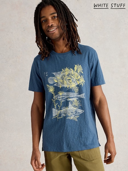 White Stuff Blue Three Fishes 100% Cotton Graphic Print T-Shirt (W26337) | R$ 275