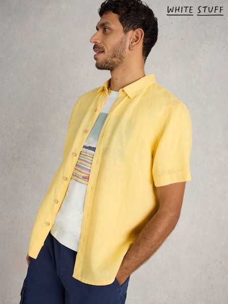 White Stuff Yellow Keswick Short Sleeve 100% Linen Shirt (W26345) | €69