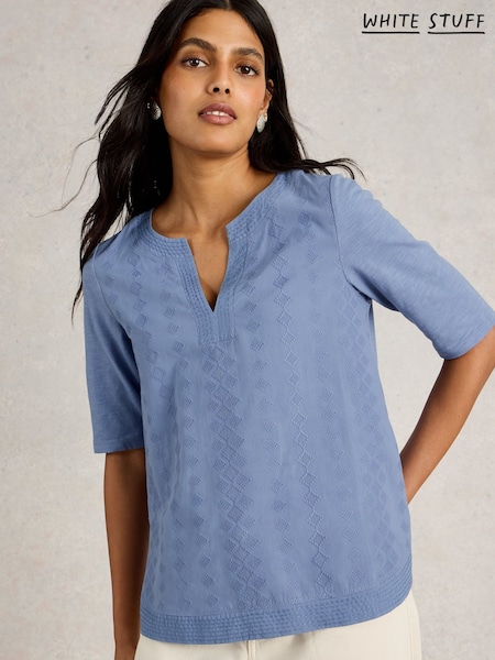 White Stuff Blue Weaver Notch 100% Organic Cotton Neck Top (W26353) | ₪281