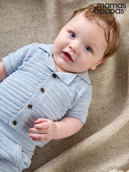 Mamas & Papas Blue Mix Knit 100% Cotton Polo & Short Set (W26378) | €40