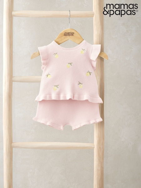 Mamas & Papas Pink 100% Cotton Embroidered Frill Top & Shorts Set (W26386) | 238 LEI