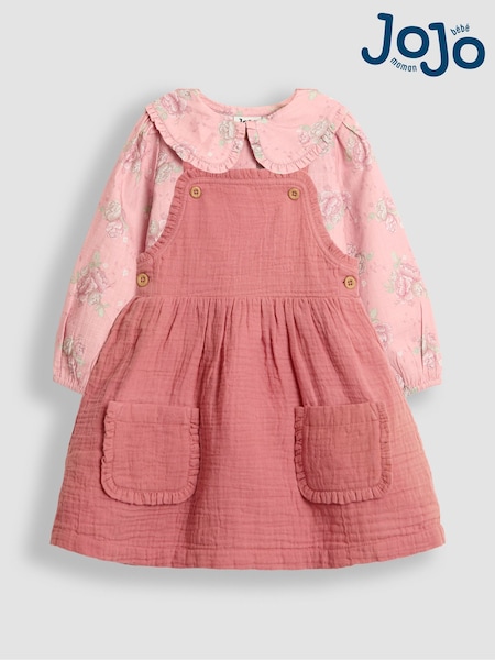 JoJo Maman Bébé Pink Floral Rose Printed Pinafore Dress & Blouse Set (W26420) | AED175 - AED210