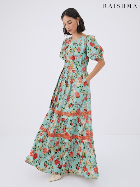 Raishma Green Trinity Floral Maxi Dress with Puffed Sleeves (W26422) | R$ 2,470
