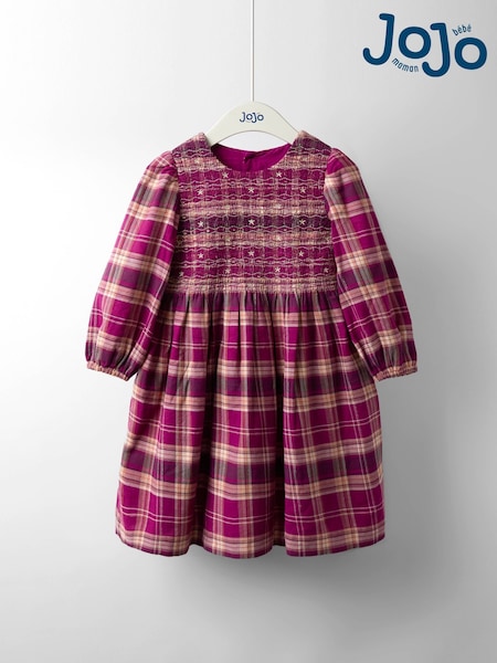 JoJo Maman Bébé Burgundy Smocked Tartan Party Dress (W26428) | AED256 - AED295
