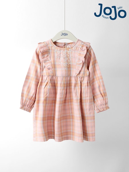 JoJo Maman Bébé Pink Check Frill Sleeve Embroidered Dress (W26432) | R$ 275 - R$ 335
