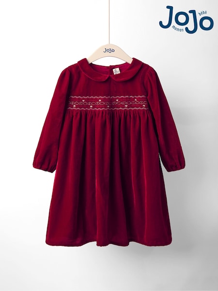 JoJo Maman Bébé Red Smocked Waist Velvet Party Dress (W26445) | R$ 355 - R$ 415