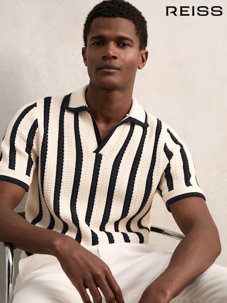 Reiss Off White/Navy Duncan Cotton Blend Stripe Knit Polo Shirt (W26461) | €145