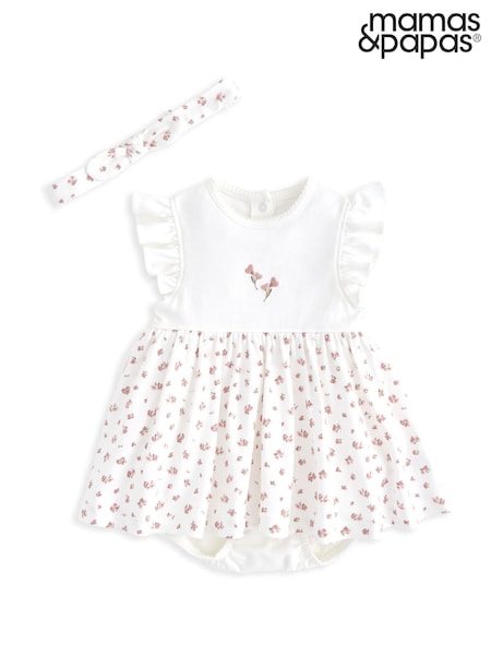 Mamas & Papas Pink Rose Print 100% Cotton Dress & Headband Set (W26464) | ₪126