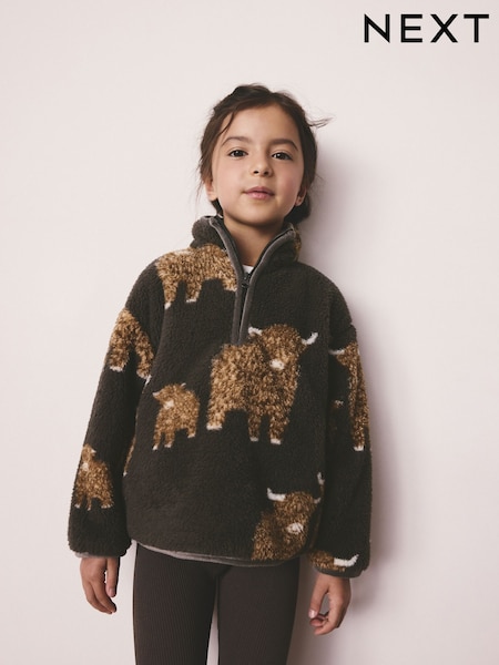 Grey Hamish The Highland Cow Print Borg Half Zip Fleece (3-16yrs) (W26488) | AED91 - AED117