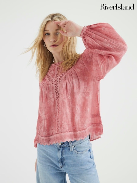 River Island Pink Long Sleeve Lace Trim Embroidered 100% Cotton Top (W26537) | $51