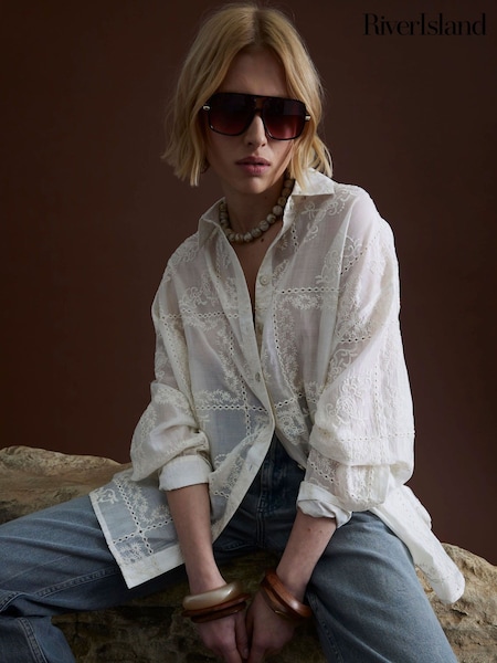 River Island Cream Oversized 100% Cotton Long Sleeve Shirt (W26554) | 2,343 UAH