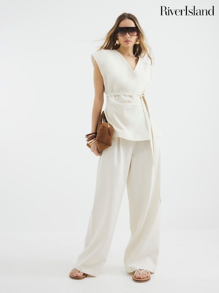 River Island Cream Wide Leg Linen Trousers (W26559) | $70