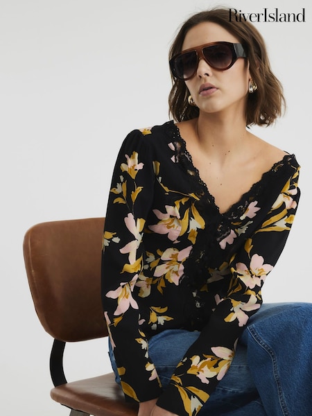 River Island Black Floral Print Lace Trim Top (W26569) | ₪161