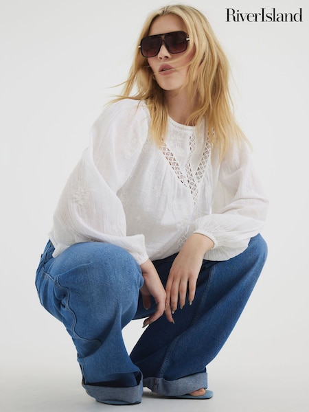 River Island White Long Sleeve Lace Trim Embroidered 100% Cotton Top (W26571) | $51