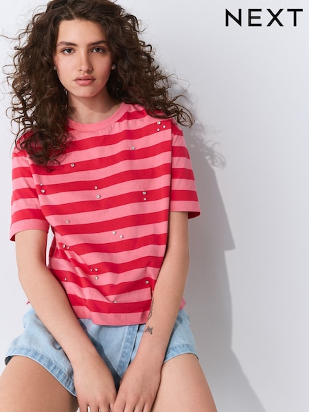 Pink Stripe Short Sleeve Embellished Stripe T-Shirt (W26583) | 1,237 UAH