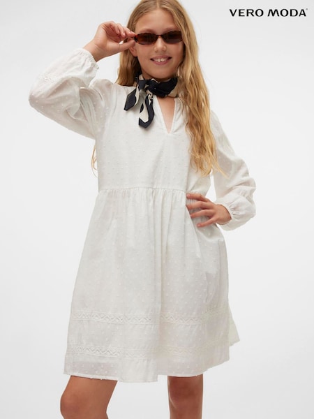 VERO MODA White Long Sleeved Lace Detail 100% Organic Cotton Woven Mini Dress (W26594) | ₪181