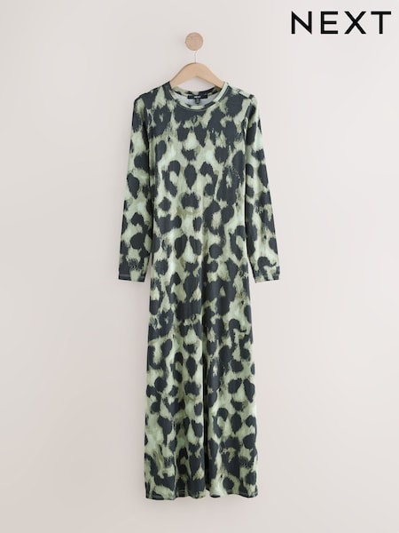 Khaki Green Animal Print Jersey A-line Long Sleeve Maxi Dress (W26713) | 144 QAR