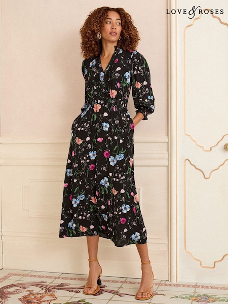 Love & Roses Black Floral Petite Notch Neck Midi Dress (W26797) | €93