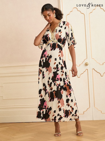 Love & Roses Neutral Sequin Angel Sleeve Midi Dress (W26810) | €83